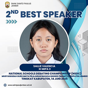 2nd best speaker National Schools Debating Championship (NSDC)-Musyawarah Guru Mata Pelajaran Bahasa Inggris (MGMP) Kabupaten Jember