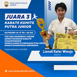 Juara 3 Lomba Karate Kumite Putra Junior Kategori 16-17 th + 60 kg"The 2nd Indonesia Junior Shinkyokushin Karate Championship" - World Karate Organization (WKO) Shinkyokushinkai Indonesia